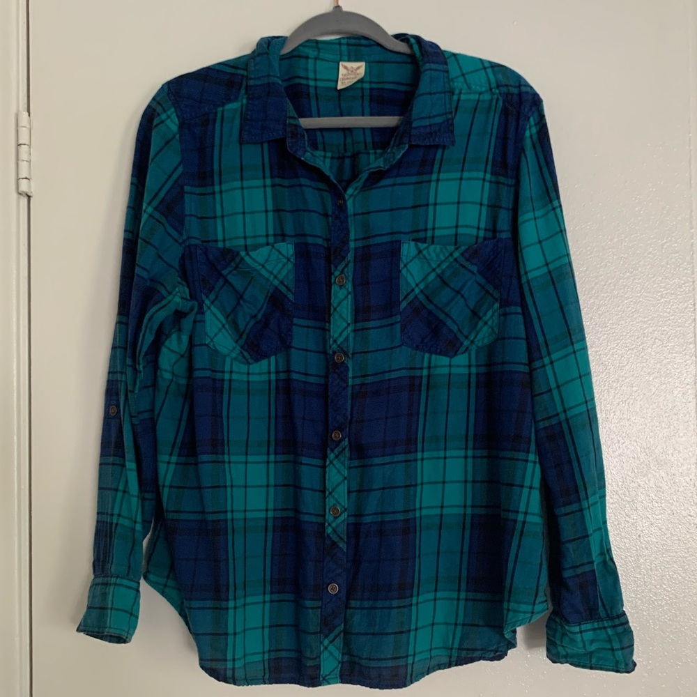 Green Plaid Flannel Faded Glory Button-Down